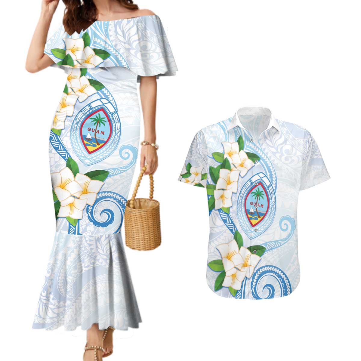 Guam Chamorro Couples Matching Mermaid Dress and Hawaiian Shirt Guasali Flowers Curves Style LT05 Blue - Polynesian Pride