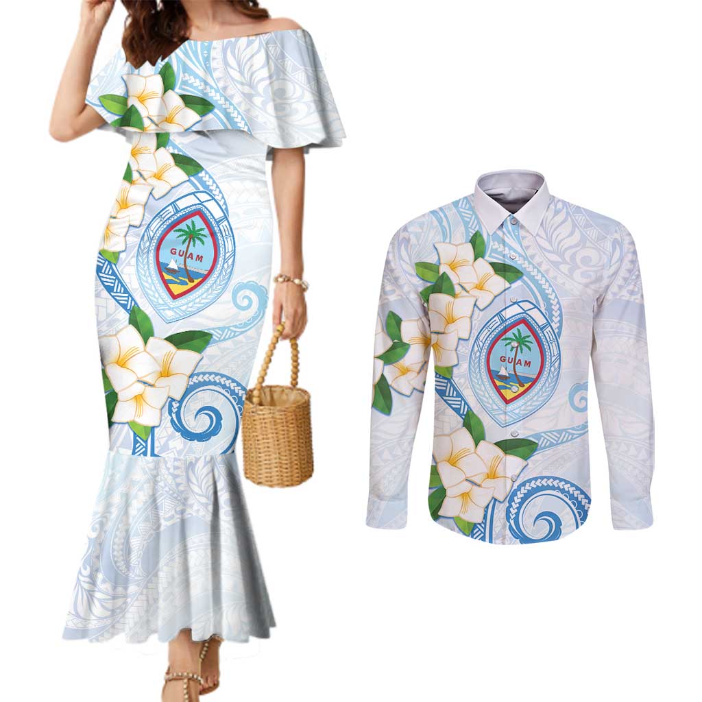 Guam Chamorro Couples Matching Mermaid Dress and Long Sleeve Button Shirt Guasali Flowers Curves Style LT05 Blue - Polynesian Pride
