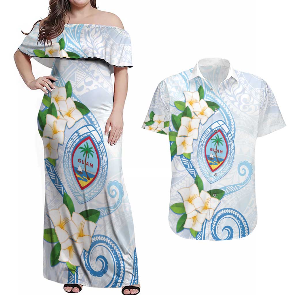Guam Chamorro Couples Matching Off Shoulder Maxi Dress and Hawaiian Shirt Guasali Flowers Curves Style LT05 Blue - Polynesian Pride