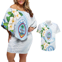 Guam Chamorro Couples Matching Off Shoulder Short Dress and Hawaiian Shirt Guasali Flowers Curves Style LT05 Blue - Polynesian Pride