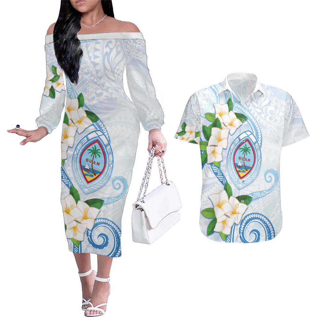 Guam Chamorro Couples Matching Off The Shoulder Long Sleeve Dress and Hawaiian Shirt Guasali Flowers Curves Style LT05 Blue - Polynesian Pride