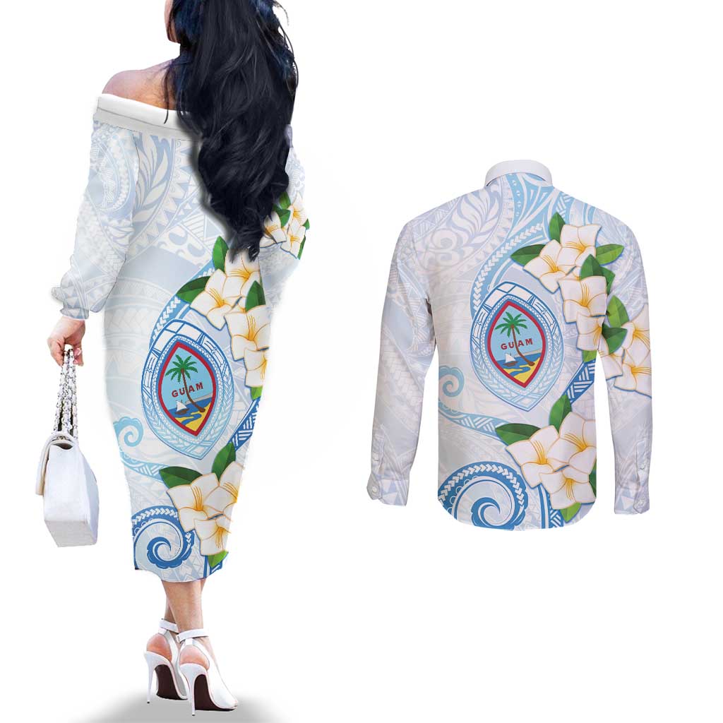 Guam Chamorro Couples Matching Off The Shoulder Long Sleeve Dress and Long Sleeve Button Shirt Guasali Flowers Curves Style LT05 - Polynesian Pride