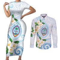 Guam Chamorro Couples Matching Short Sleeve Bodycon Dress and Long Sleeve Button Shirt Guasali Flowers Curves Style LT05 Blue - Polynesian Pride