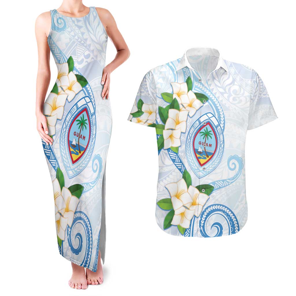 Guam Chamorro Couples Matching Tank Maxi Dress and Hawaiian Shirt Guasali Flowers Curves Style LT05 Blue - Polynesian Pride