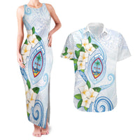 Guam Chamorro Couples Matching Tank Maxi Dress and Hawaiian Shirt Guasali Flowers Curves Style LT05 Blue - Polynesian Pride
