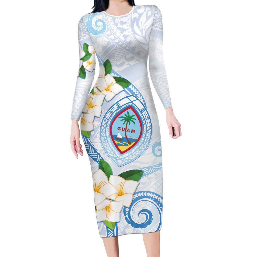 Guam Chamorro Family Matching Long Sleeve Bodycon Dress and Hawaiian Shirt Guasali Flowers Curves Style LT05 Mom's Dress Blue - Polynesian Pride