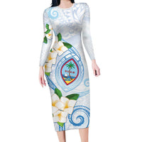 Guam Chamorro Family Matching Long Sleeve Bodycon Dress and Hawaiian Shirt Guasali Flowers Curves Style LT05 Mom's Dress Blue - Polynesian Pride