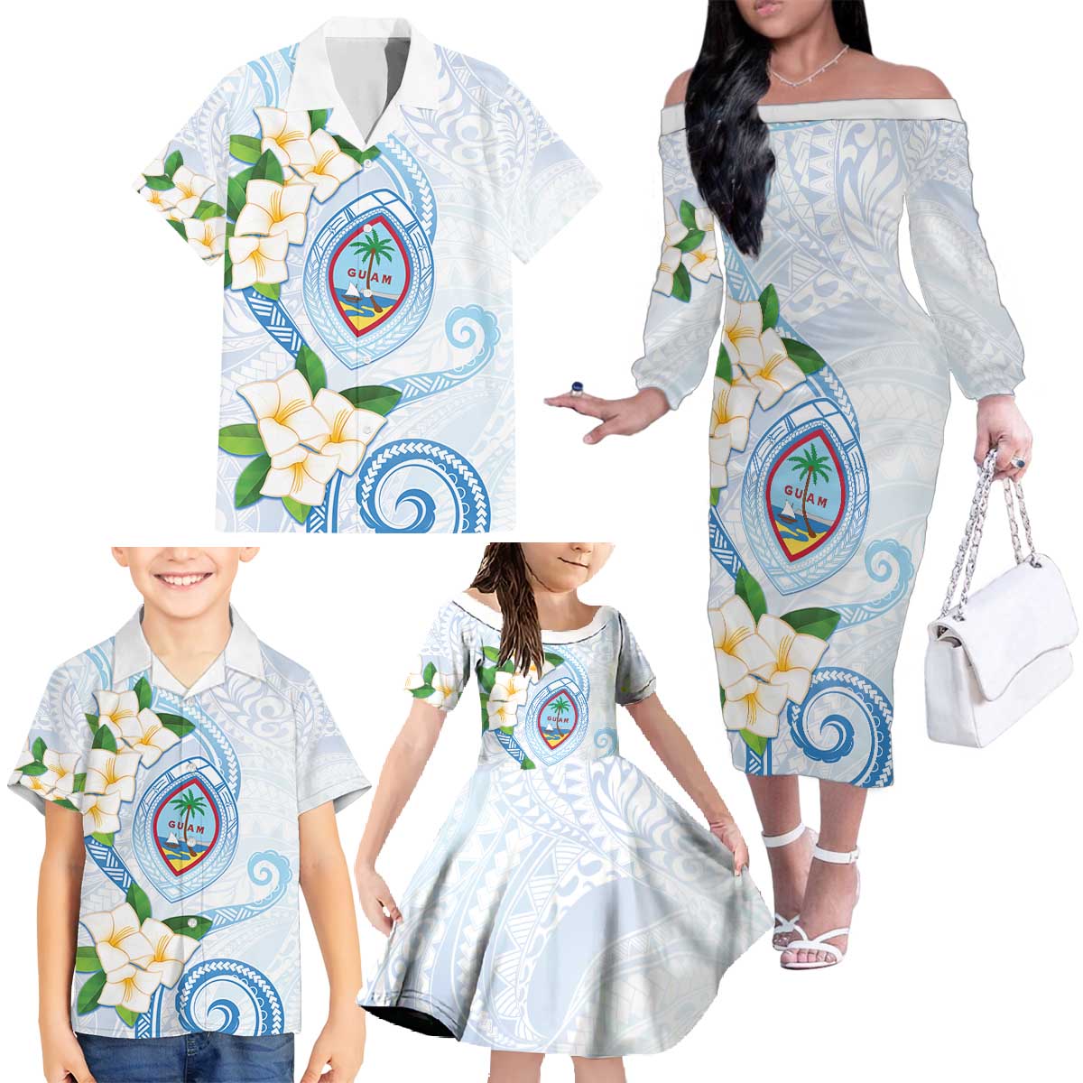 Guam Chamorro Family Matching Off The Shoulder Long Sleeve Dress and Hawaiian Shirt Guasali Flowers Curves Style LT05 - Polynesian Pride