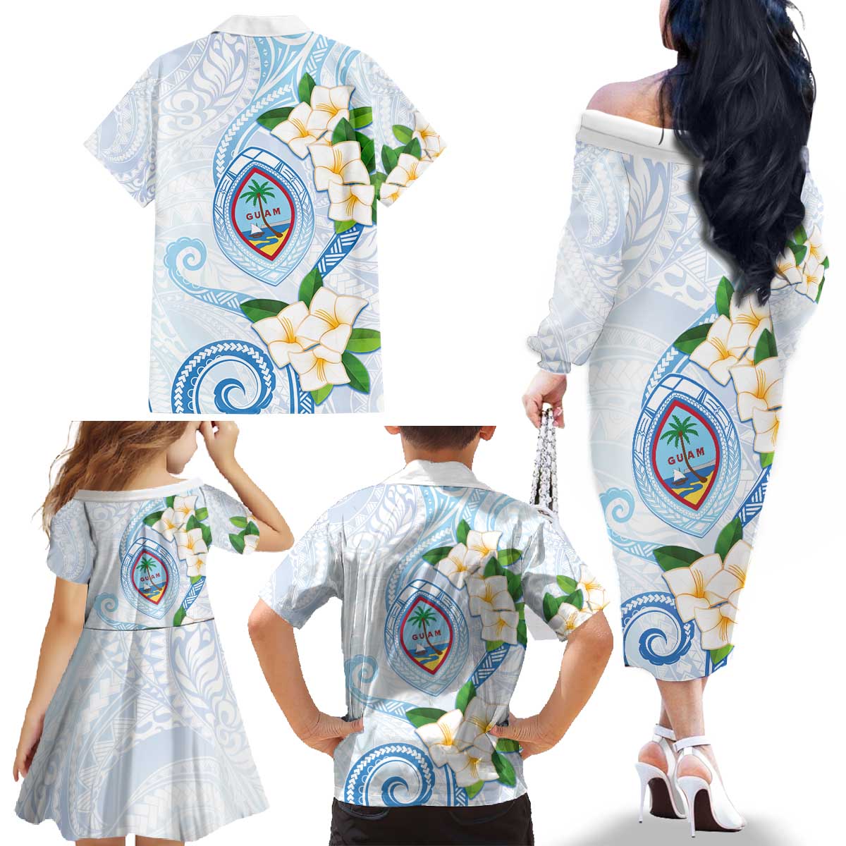 Guam Chamorro Family Matching Off The Shoulder Long Sleeve Dress and Hawaiian Shirt Guasali Flowers Curves Style LT05 - Polynesian Pride