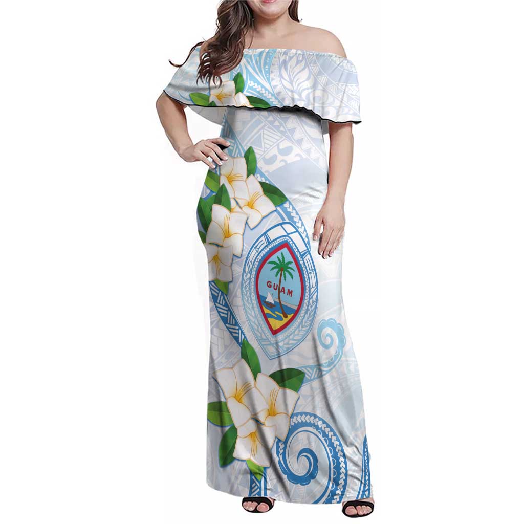 Guam Chamorro Family Matching Off Shoulder Maxi Dress and Hawaiian Shirt Guasali Flowers Curves Style LT05 Mom's Dress Blue - Polynesian Pride