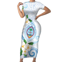 Guam Chamorro Family Matching Short Sleeve Bodycon Dress and Hawaiian Shirt Guasali Flowers Curves Style LT05 Mom's Dress Blue - Polynesian Pride