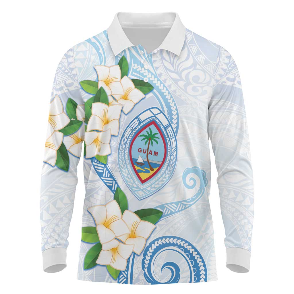 Guam Chamorro Long Sleeve Polo Shirt Guasali Flowers Curves Style LT05 Blue - Polynesian Pride