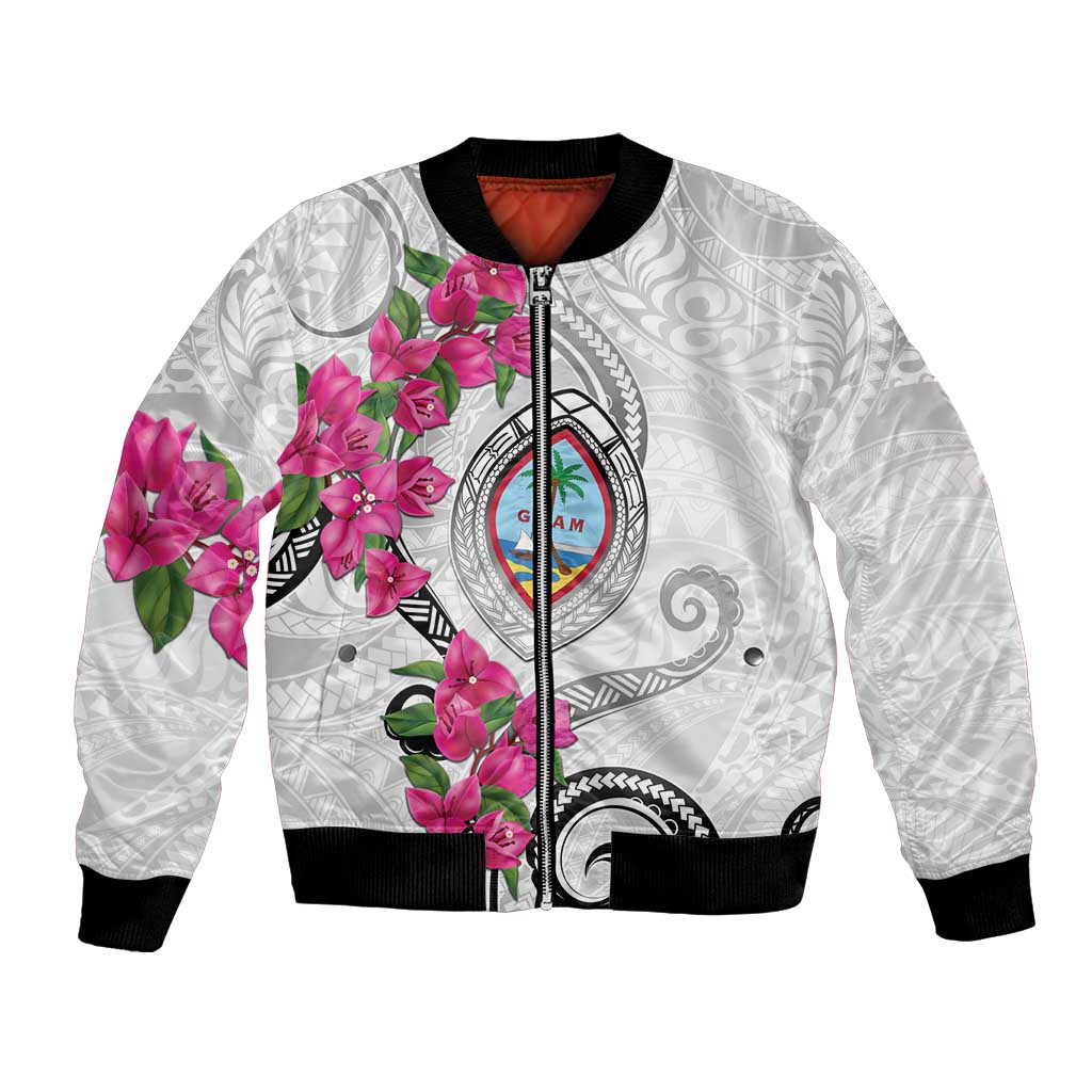 Guam Chamorro Bomber Jacket Curves Polynesian Tattoo Mix Bougainvillea LT05 Unisex White - Polynesian Pride