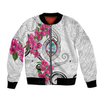 Guam Chamorro Bomber Jacket Curves Polynesian Tattoo Mix Bougainvillea LT05 Unisex White - Polynesian Pride