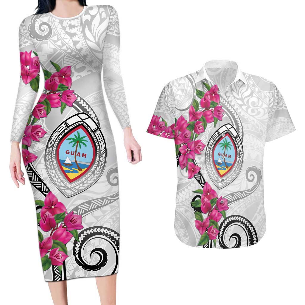 Guam Chamorro Couples Matching Long Sleeve Bodycon Dress and Hawaiian Shirt Curves Polynesian Tattoo Mix Bougainvillea LT05 White - Polynesian Pride