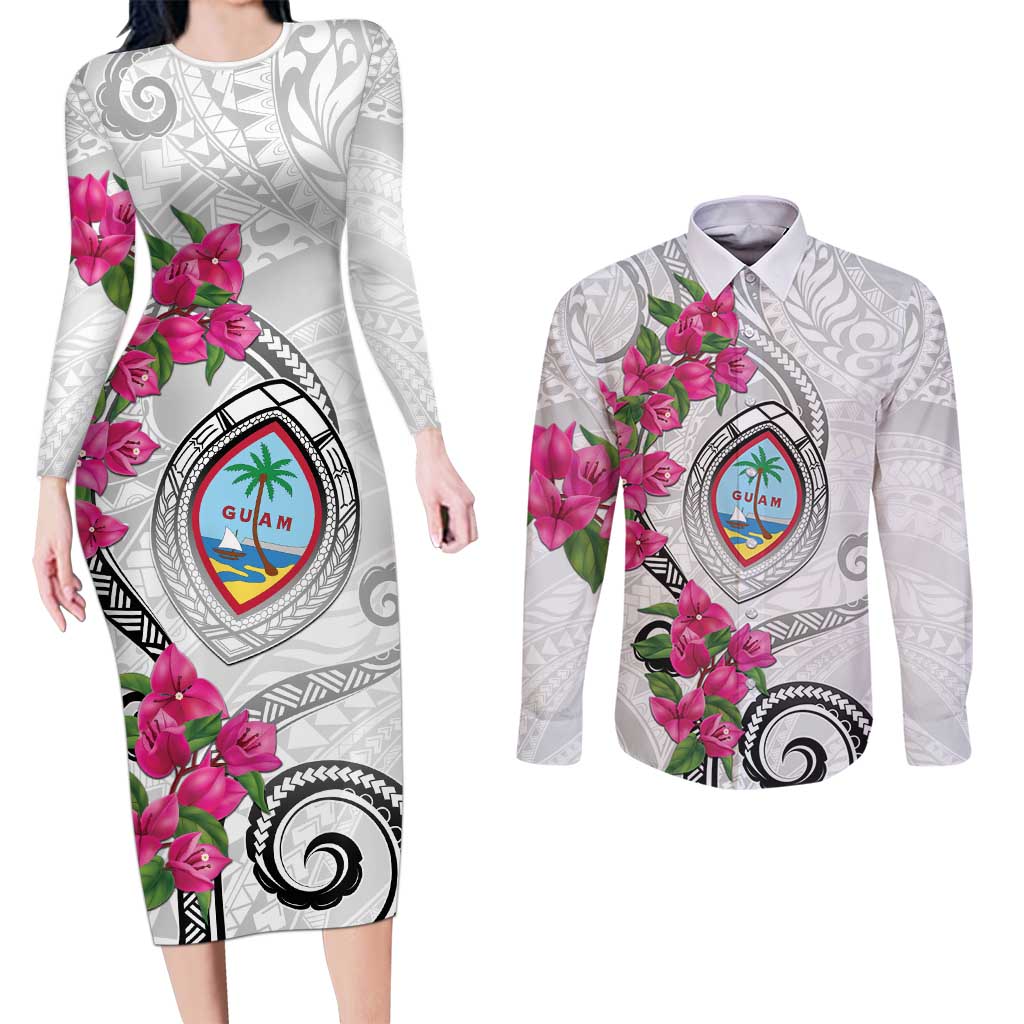 Guam Chamorro Couples Matching Long Sleeve Bodycon Dress and Long Sleeve Button Shirt Curves Polynesian Tattoo Mix Bougainvillea LT05 White - Polynesian Pride