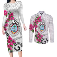 Guam Chamorro Couples Matching Long Sleeve Bodycon Dress and Long Sleeve Button Shirt Curves Polynesian Tattoo Mix Bougainvillea LT05 White - Polynesian Pride