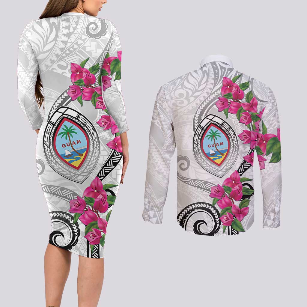Guam Chamorro Couples Matching Long Sleeve Bodycon Dress and Long Sleeve Button Shirt Curves Polynesian Tattoo Mix Bougainvillea LT05 - Polynesian Pride