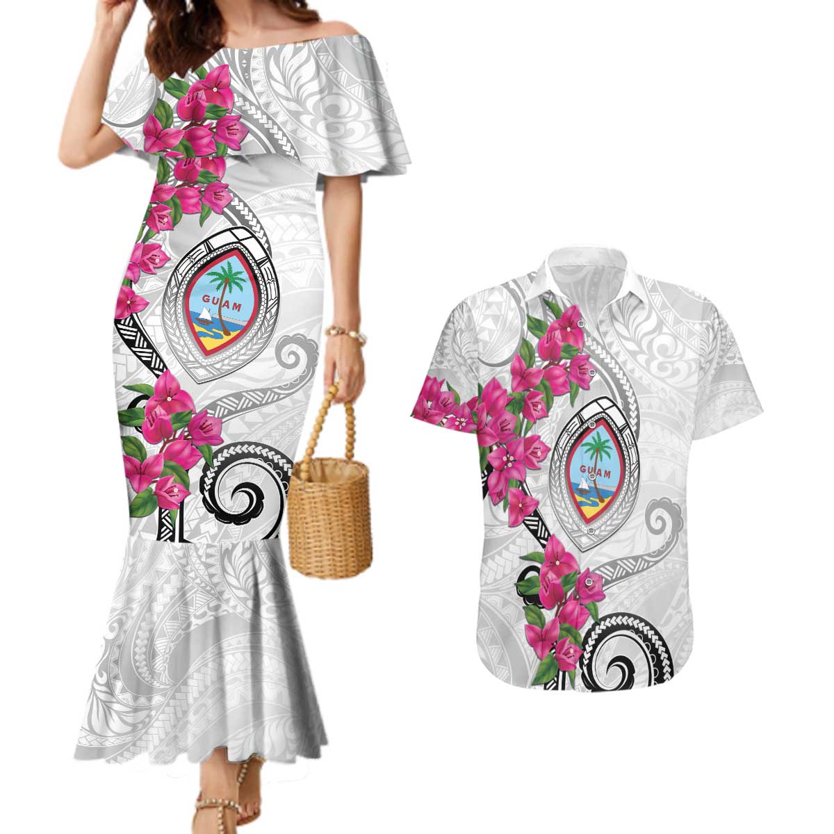 Guam Chamorro Couples Matching Mermaid Dress and Hawaiian Shirt Curves Polynesian Tattoo Mix Bougainvillea LT05 White - Polynesian Pride