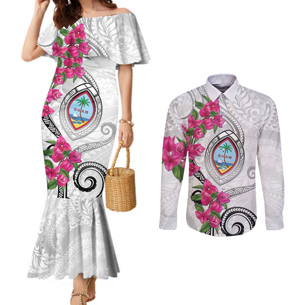 Guam Chamorro Couples Matching Mermaid Dress and Long Sleeve Button Shirt Curves Polynesian Tattoo Mix Bougainvillea LT05 White - Polynesian Pride