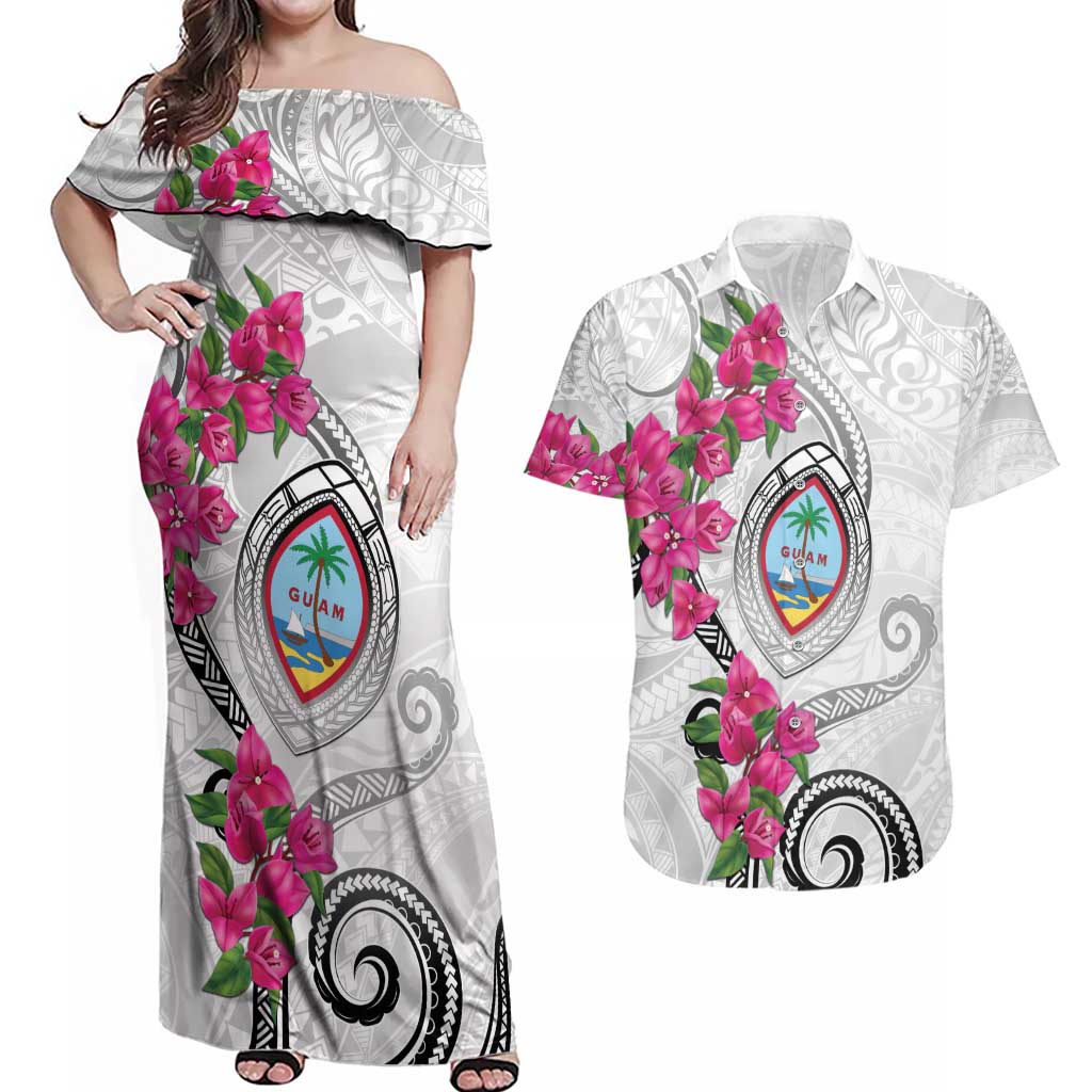 Guam Chamorro Couples Matching Off Shoulder Maxi Dress and Hawaiian Shirt Curves Polynesian Tattoo Mix Bougainvillea LT05 White - Polynesian Pride