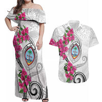 Guam Chamorro Couples Matching Off Shoulder Maxi Dress and Hawaiian Shirt Curves Polynesian Tattoo Mix Bougainvillea LT05 White - Polynesian Pride