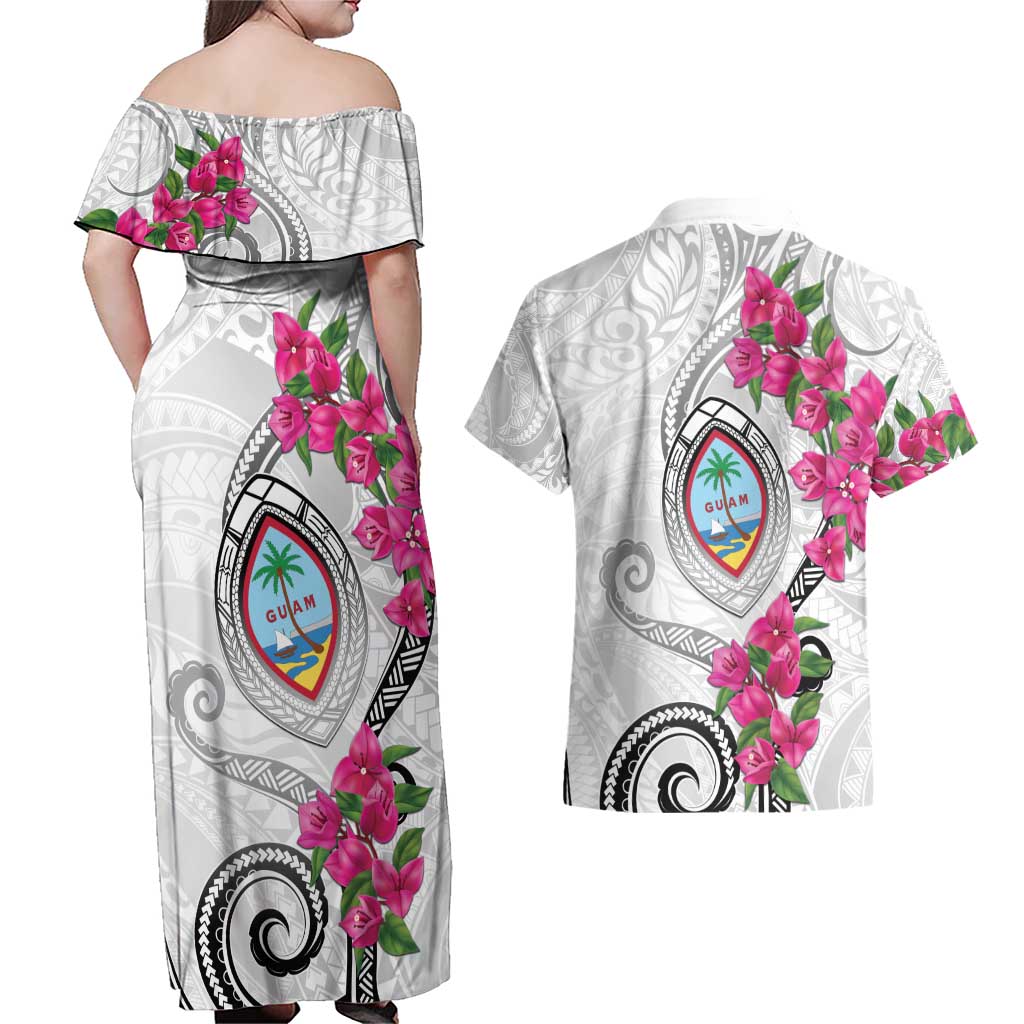 Guam Chamorro Couples Matching Off Shoulder Maxi Dress and Hawaiian Shirt Curves Polynesian Tattoo Mix Bougainvillea LT05 - Polynesian Pride