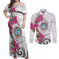 Guam Chamorro Couples Matching Off Shoulder Maxi Dress and Long Sleeve Button Shirt Curves Polynesian Tattoo Mix Bougainvillea LT05 White - Polynesian Pride