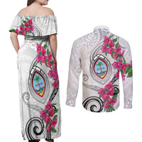 Guam Chamorro Couples Matching Off Shoulder Maxi Dress and Long Sleeve Button Shirt Curves Polynesian Tattoo Mix Bougainvillea LT05 - Polynesian Pride