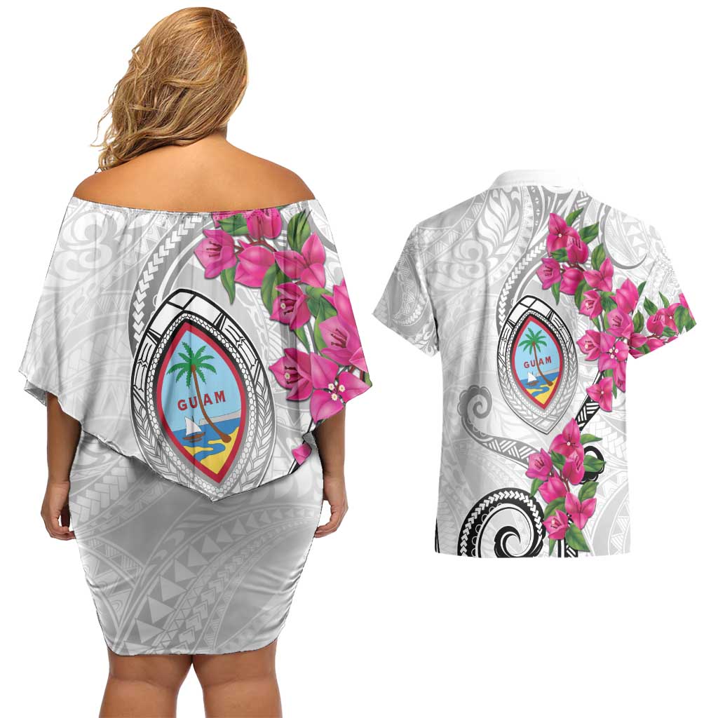 Guam Chamorro Couples Matching Off Shoulder Short Dress and Hawaiian Shirt Curves Polynesian Tattoo Mix Bougainvillea LT05 - Polynesian Pride