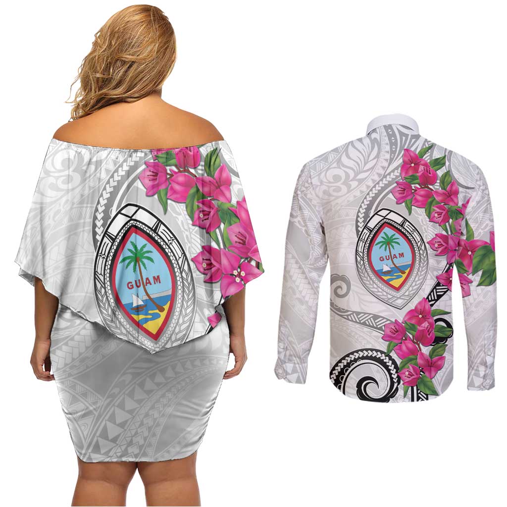 Guam Chamorro Couples Matching Off Shoulder Short Dress and Long Sleeve Button Shirt Curves Polynesian Tattoo Mix Bougainvillea LT05 - Polynesian Pride