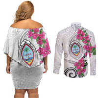 Guam Chamorro Couples Matching Off Shoulder Short Dress and Long Sleeve Button Shirt Curves Polynesian Tattoo Mix Bougainvillea LT05 - Polynesian Pride