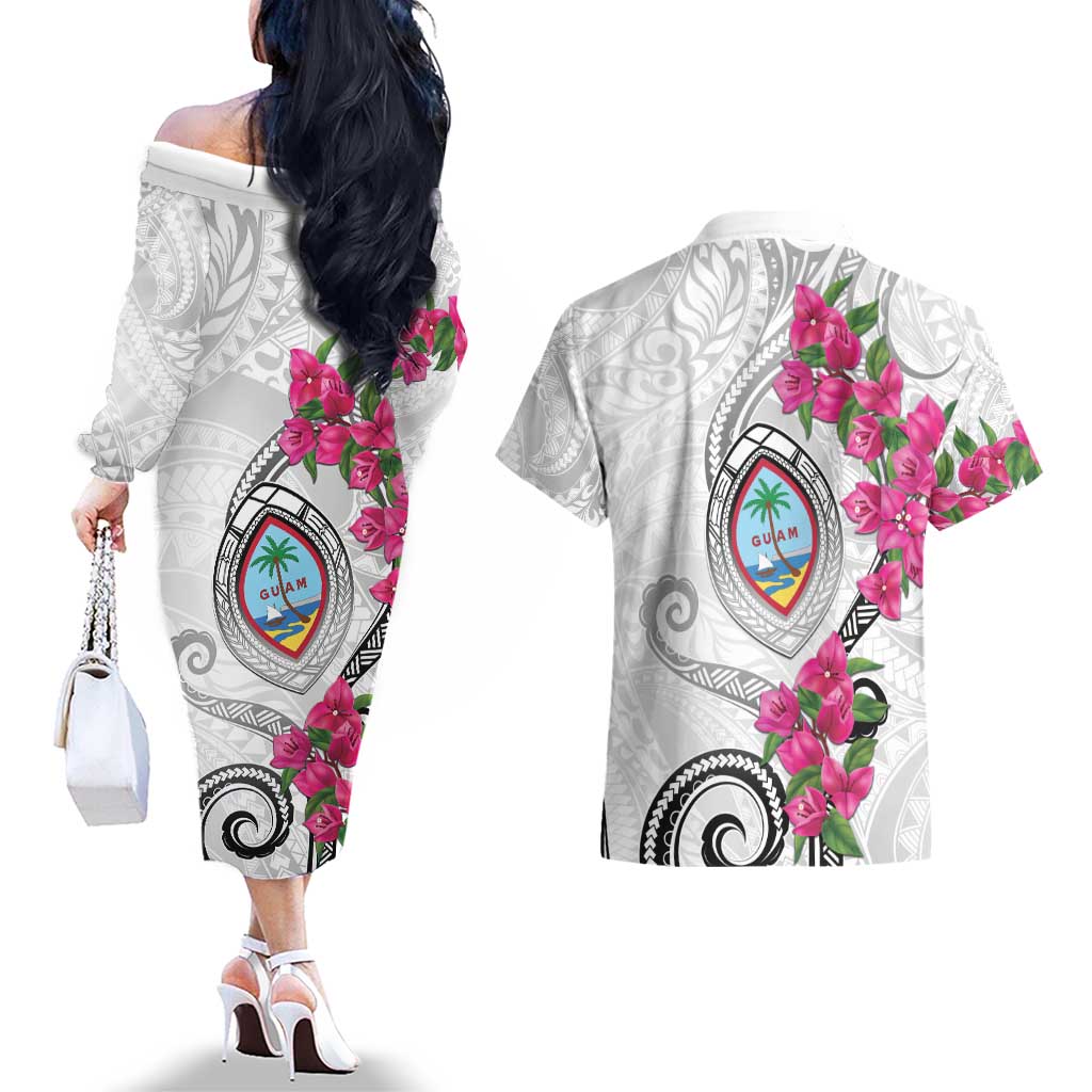 Guam Chamorro Couples Matching Off The Shoulder Long Sleeve Dress and Hawaiian Shirt Curves Polynesian Tattoo Mix Bougainvillea LT05 - Polynesian Pride