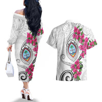 Guam Chamorro Couples Matching Off The Shoulder Long Sleeve Dress and Hawaiian Shirt Curves Polynesian Tattoo Mix Bougainvillea LT05 - Polynesian Pride