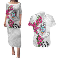 Guam Chamorro Couples Matching Puletasi and Hawaiian Shirt Curves Polynesian Tattoo Mix Bougainvillea LT05 White - Polynesian Pride