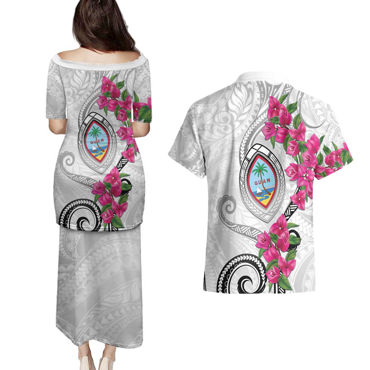 Guam Chamorro Couples Matching Puletasi and Hawaiian Shirt Curves Polynesian Tattoo Mix Bougainvillea LT05 - Polynesian Pride