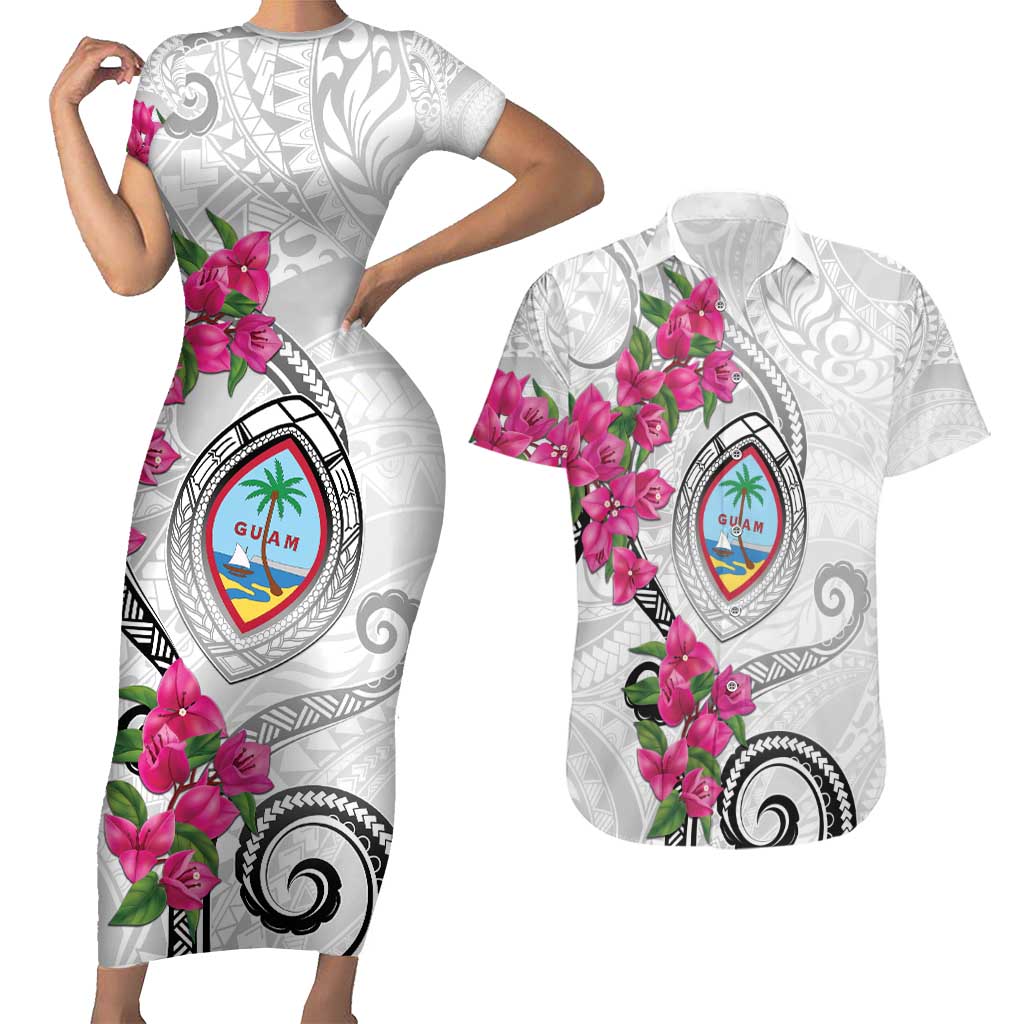 Guam Chamorro Couples Matching Short Sleeve Bodycon Dress and Hawaiian Shirt Curves Polynesian Tattoo Mix Bougainvillea LT05 White - Polynesian Pride