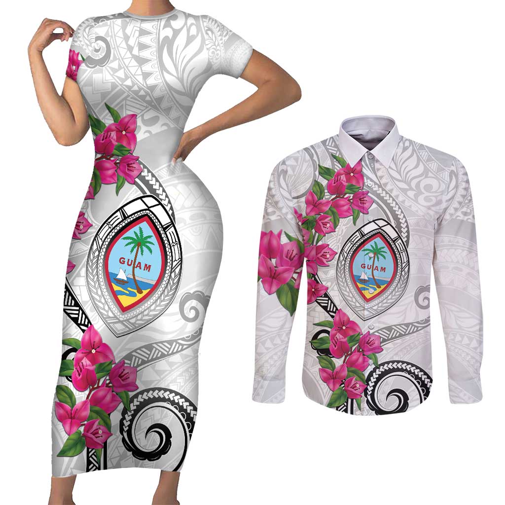 Guam Chamorro Couples Matching Short Sleeve Bodycon Dress and Long Sleeve Button Shirt Curves Polynesian Tattoo Mix Bougainvillea LT05 White - Polynesian Pride