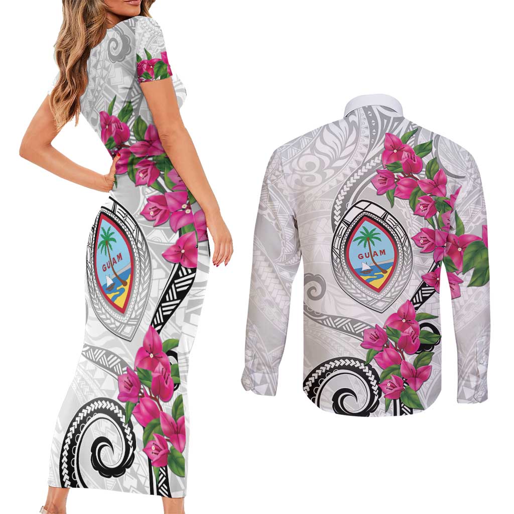 Guam Chamorro Couples Matching Short Sleeve Bodycon Dress and Long Sleeve Button Shirt Curves Polynesian Tattoo Mix Bougainvillea LT05 - Polynesian Pride