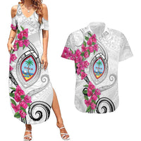 Guam Chamorro Couples Matching Summer Maxi Dress and Hawaiian Shirt Curves Polynesian Tattoo Mix Bougainvillea LT05 White - Polynesian Pride