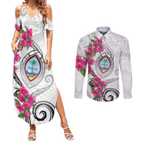 Guam Chamorro Couples Matching Summer Maxi Dress and Long Sleeve Button Shirt Curves Polynesian Tattoo Mix Bougainvillea LT05 White - Polynesian Pride