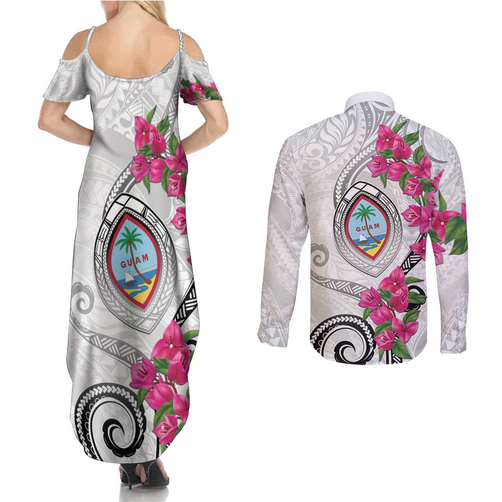 Guam Chamorro Couples Matching Summer Maxi Dress and Long Sleeve Button Shirt Curves Polynesian Tattoo Mix Bougainvillea LT05 - Polynesian Pride