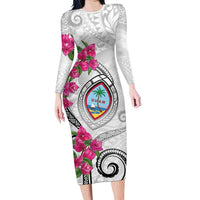 Guam Chamorro Family Matching Long Sleeve Bodycon Dress and Hawaiian Shirt Curves Polynesian Tattoo Mix Bougainvillea LT05 Mom's Dress White - Polynesian Pride