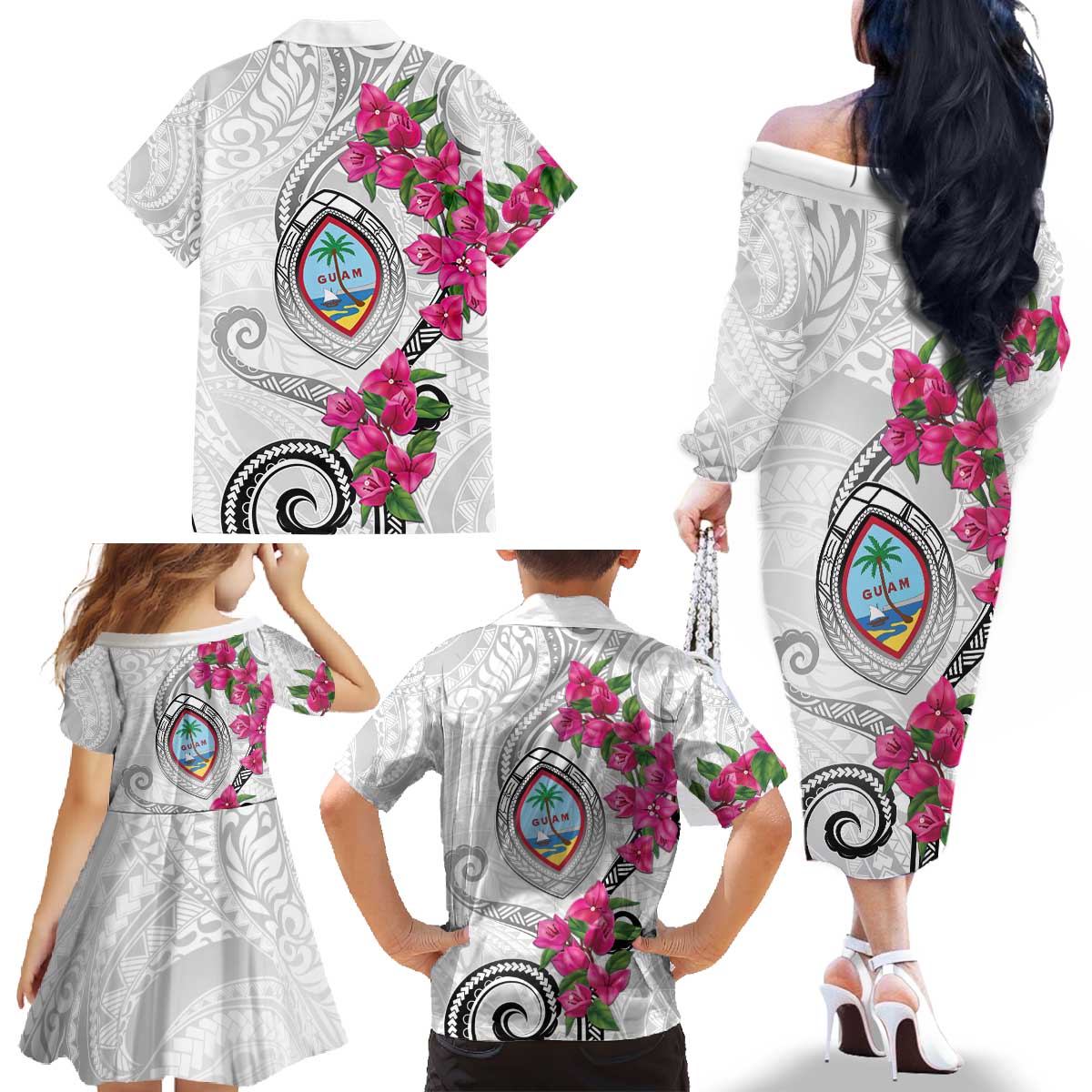 Guam Chamorro Family Matching Off The Shoulder Long Sleeve Dress and Hawaiian Shirt Curves Polynesian Tattoo Mix Bougainvillea LT05 - Polynesian Pride
