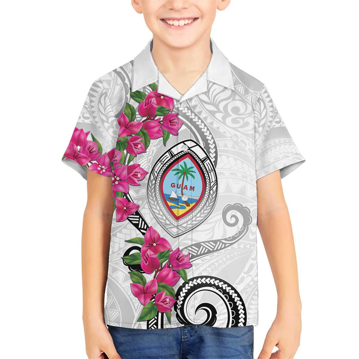 Guam Chamorro Family Matching Off The Shoulder Long Sleeve Dress and Hawaiian Shirt Curves Polynesian Tattoo Mix Bougainvillea LT05 Son's Shirt White - Polynesian Pride