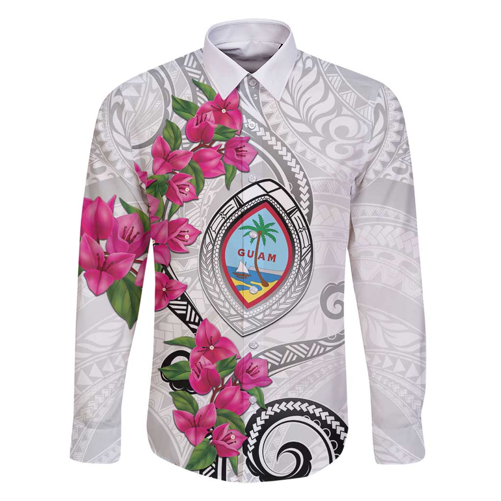 Guam Chamorro Family Matching Off Shoulder Maxi Dress and Hawaiian Shirt Curves Polynesian Tattoo Mix Bougainvillea LT05 Dad's Shirt - Long Sleeve White - Polynesian Pride