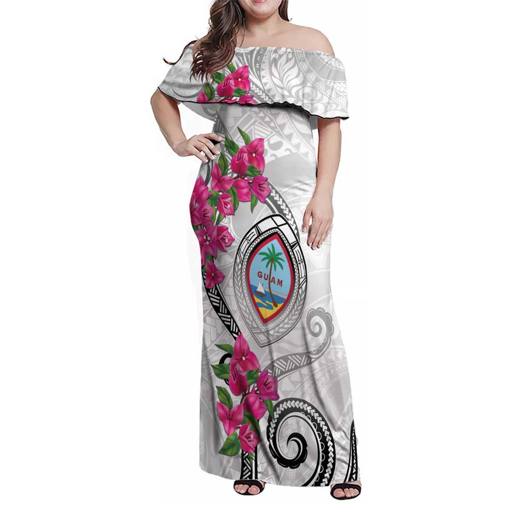 Guam Chamorro Family Matching Off Shoulder Maxi Dress and Hawaiian Shirt Curves Polynesian Tattoo Mix Bougainvillea LT05 Mom's Dress White - Polynesian Pride