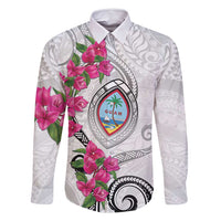 Guam Chamorro Family Matching Off Shoulder Short Dress and Hawaiian Shirt Curves Polynesian Tattoo Mix Bougainvillea LT05 Dad's Shirt - Long Sleeve White - Polynesian Pride