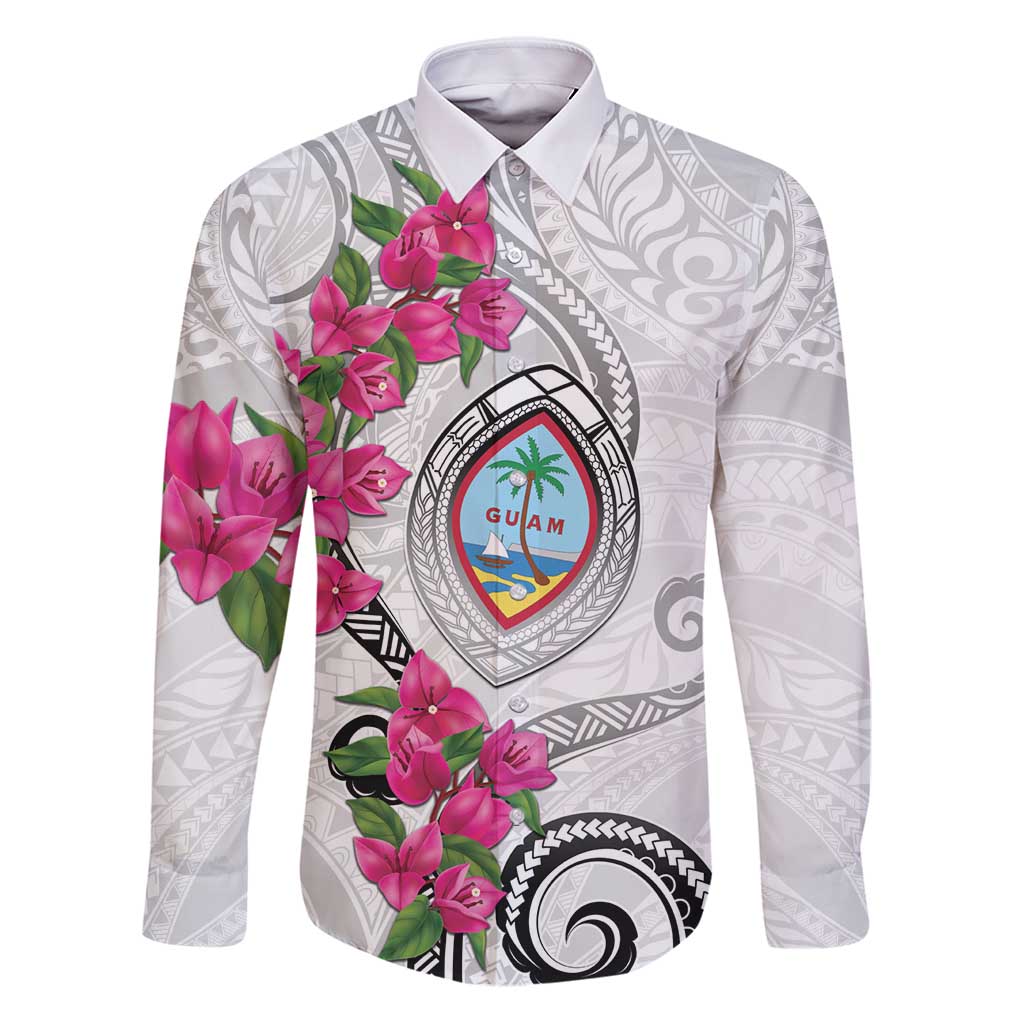 Guam Chamorro Family Matching Puletasi and Hawaiian Shirt Curves Polynesian Tattoo Mix Bougainvillea LT05 Dad's Shirt - Long Sleeve White - Polynesian Pride