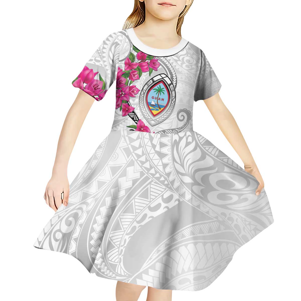 Guam Chamorro Kid Short Sleeve Dress Curves Polynesian Tattoo Mix Bougainvillea